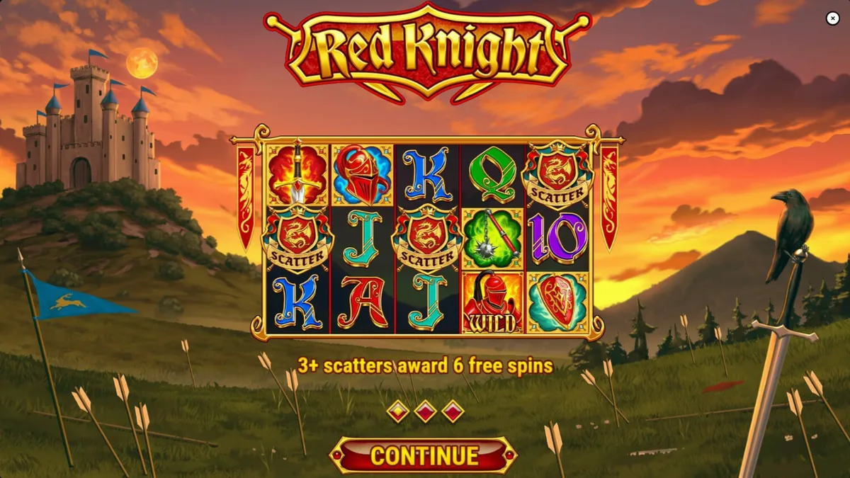 Cena de batalha medieval do slot Red Knight com elementos de fogo e castelo